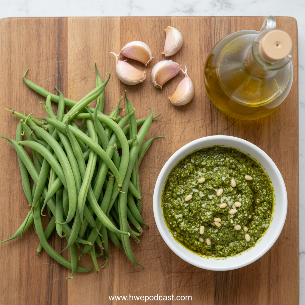 Fresh ingredients for pesto green beans: green beans, basil, garlic, pine nuts, Parmesan cheese