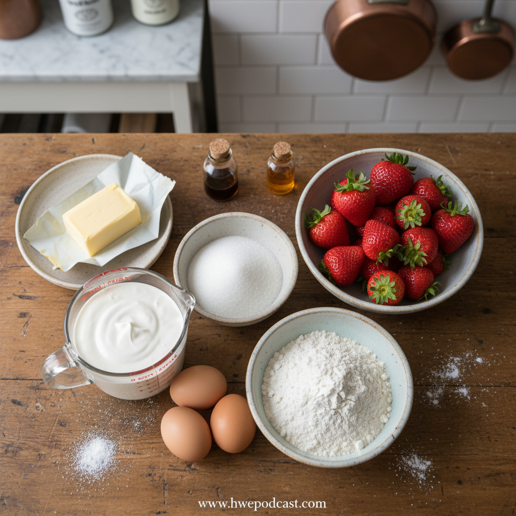 Fresh ingredients for strawberry cake including strawberries, flour, eggs, sugar and butter