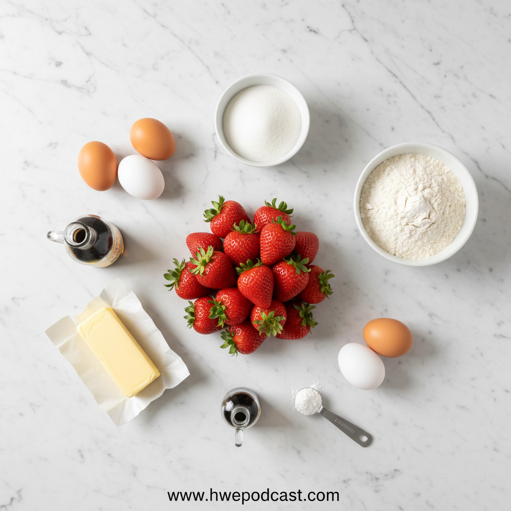 Fresh ingredients for strawberry cake including berries, flour, eggs, and cream