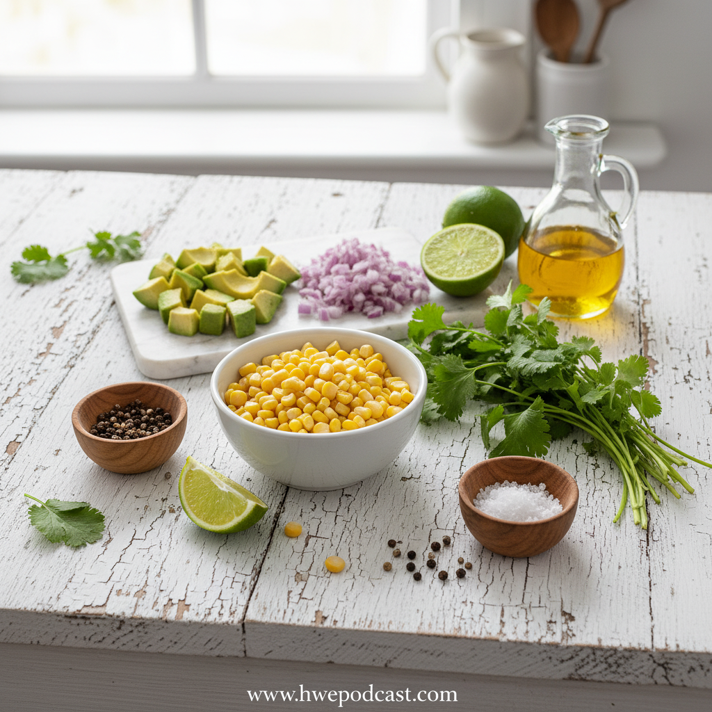 Ingredients for fresh corn avocado salad with lime dressing
