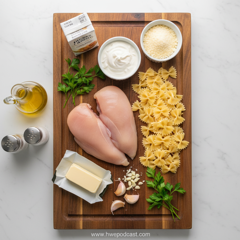 Ingredients for garlic butter chicken bowtie pasta