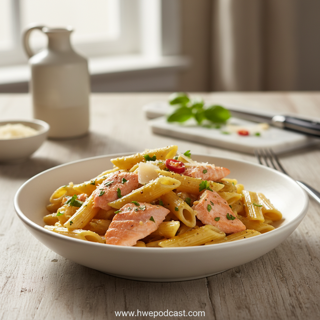 Garlic butter salmon pasta in a skillet with fresh lemon and herbs