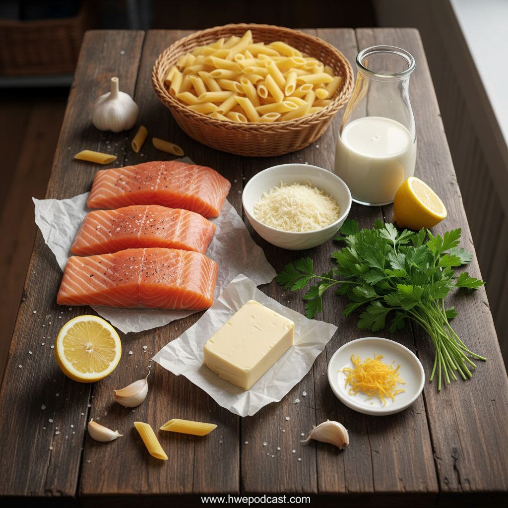 Ingredients for garlic butter salmon pasta including salmon, pasta, garlic, butter, and lemon