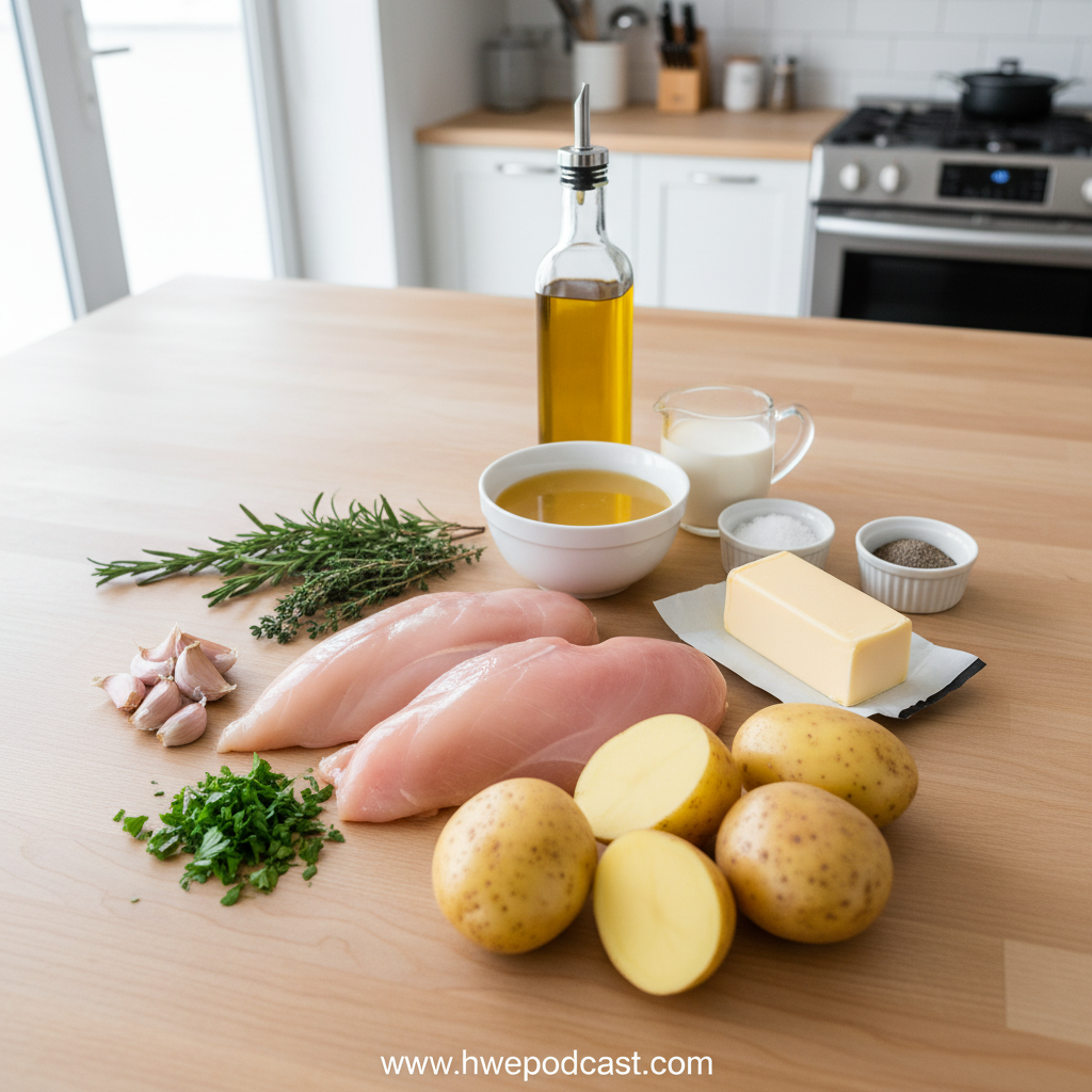 Ingredients for glazed garlic herb chicken and creamy mashed potatoes