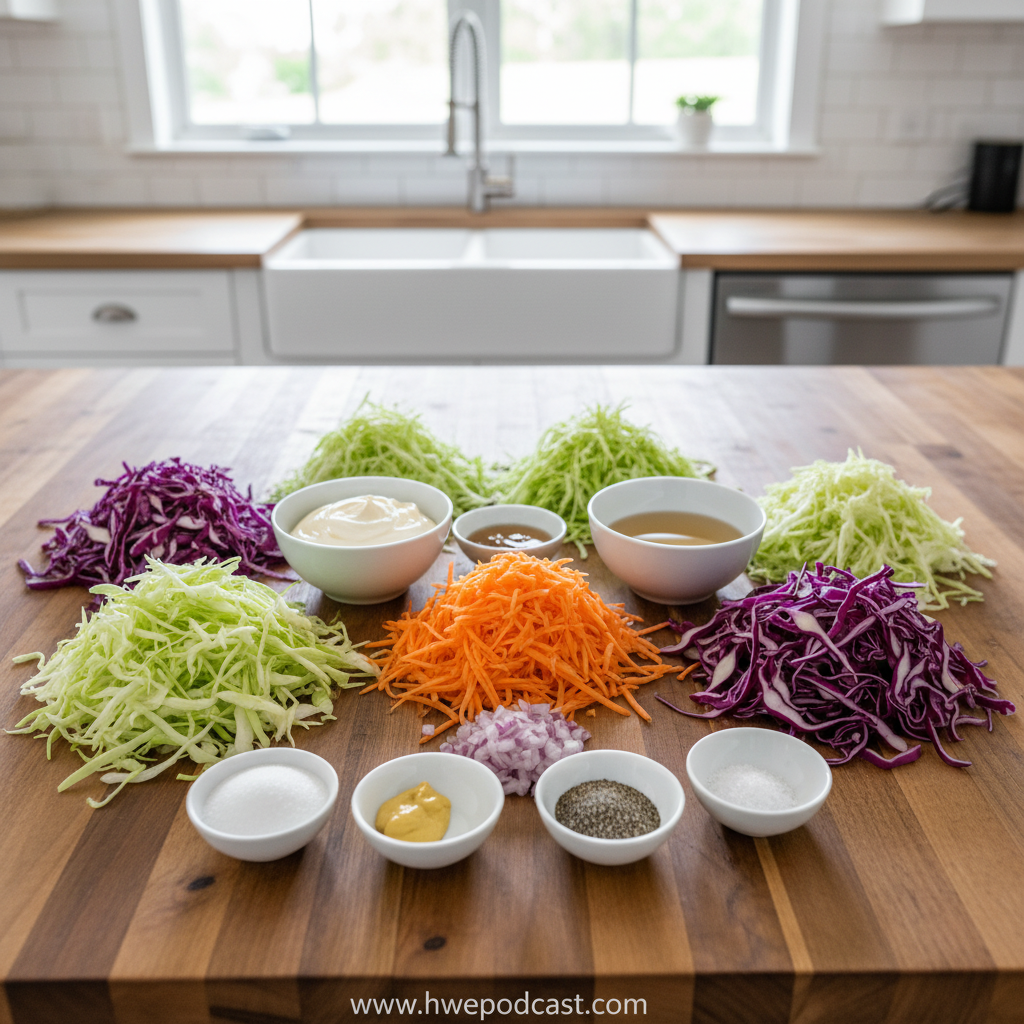 Fresh ingredients for Gordon Ramsay coleslaw recipe on counter