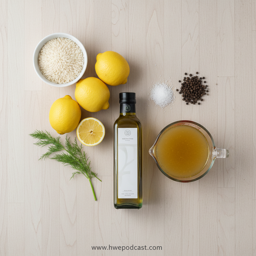 Fresh ingredients for Greek lemon rice including lemons, rice, and herbs