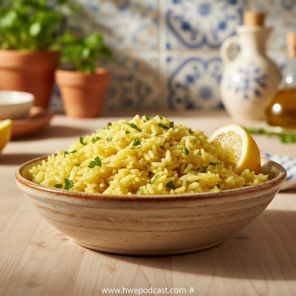 Fiery Greek lemon rice with vibrant yellow color and fresh herbs