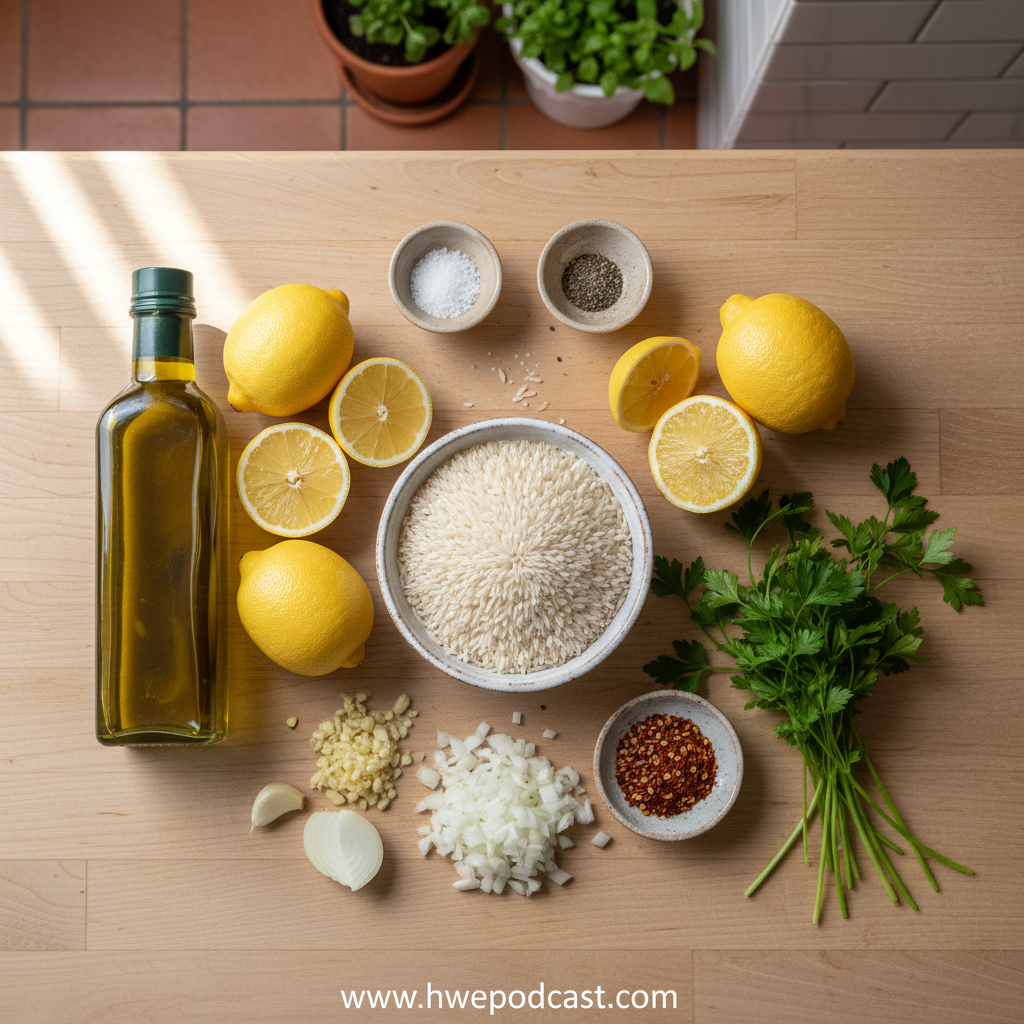 Fresh ingredients for spicy Greek lemon rice including lemons, rice, and herbs