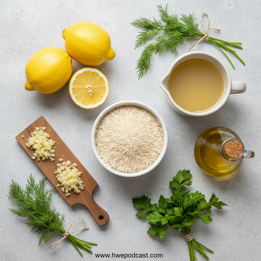 Fresh ingredients for Greek lemon rice including lemons, rice, herbs and olive oil