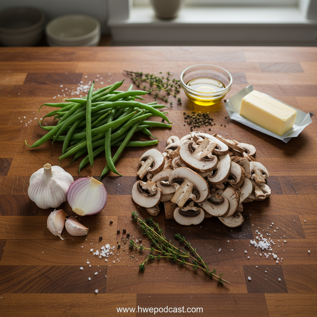 Fresh green beans, mushrooms, garlic, butter, and seasonings arranged on a wooden board