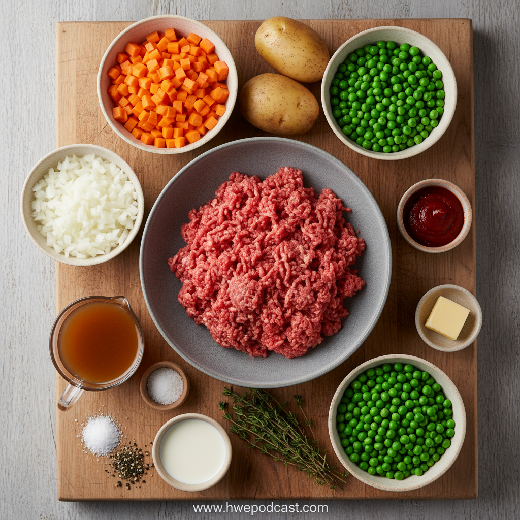 Fresh ingredients for ground beef potato pie including potatoes, ground beef, and vegetables