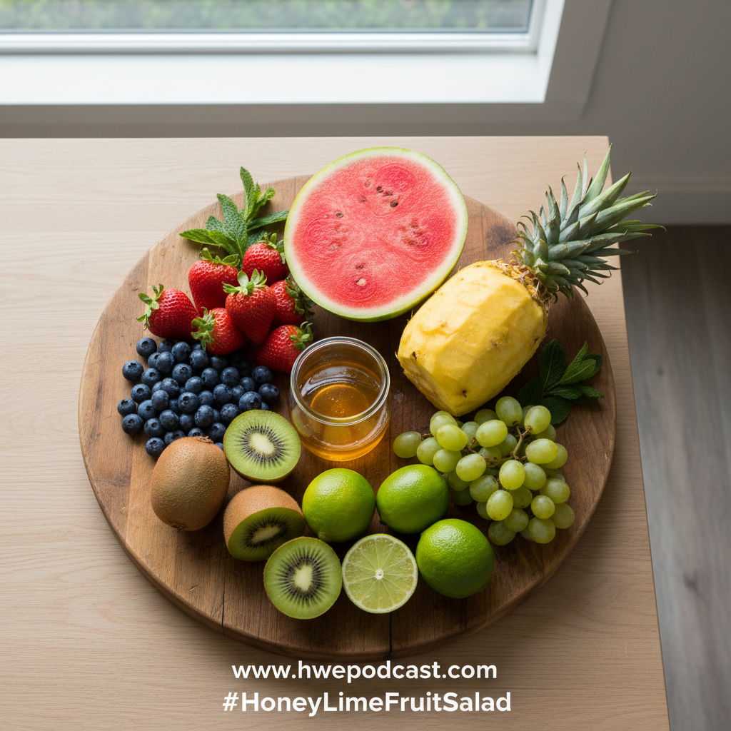 Fresh ingredients for honey lime fruit salad including various fruits, honey, and limes
