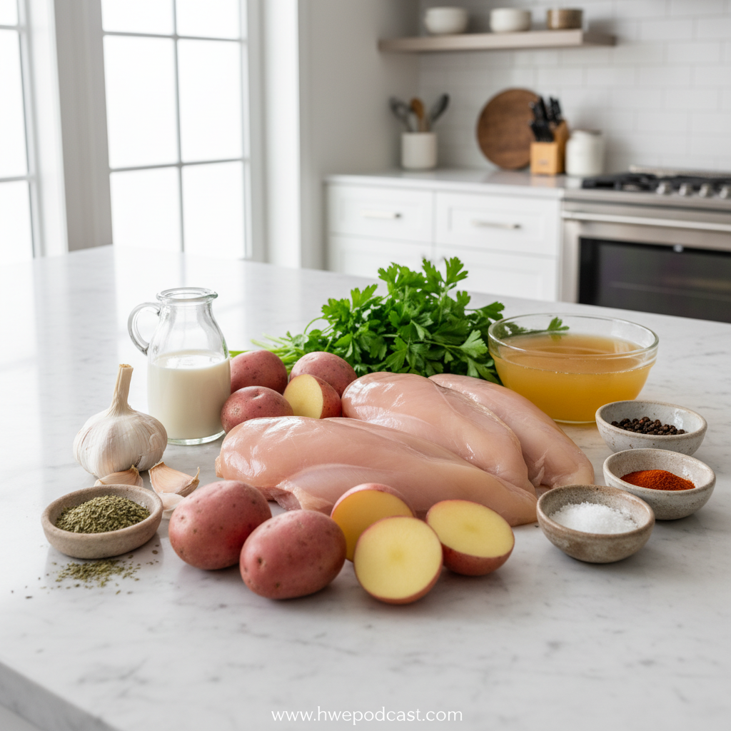 Ingredients for creamy garlic chicken and crispy potatoes