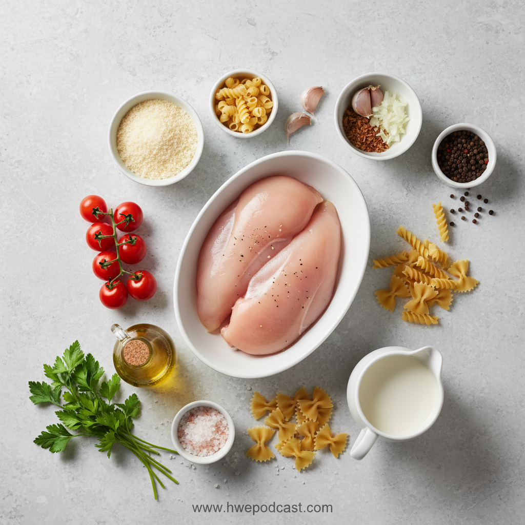 Fresh ingredients for homemade chicken pasta including chicken, pasta, cream, and herbs