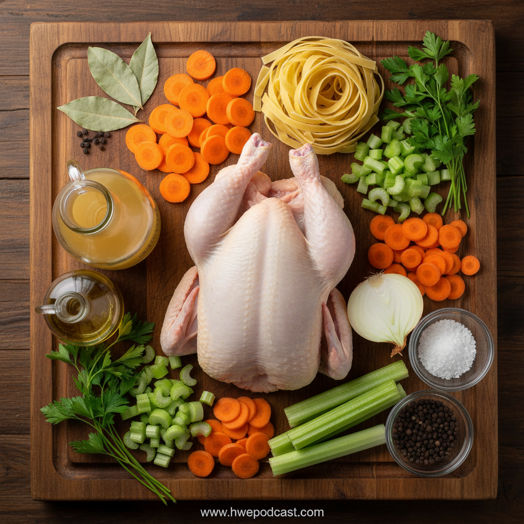 Fresh ingredients for chicken noodle soup lined up on counter