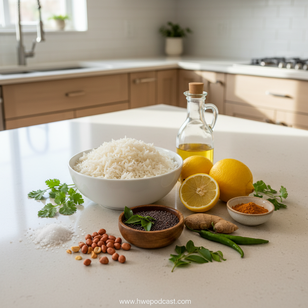 Ingredients for lemon rice including rice, lemons, olive oil, and herbs