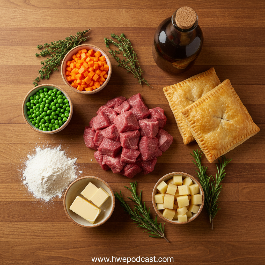 Ingredients for individual beef pot pies including beef, vegetables, and pastry