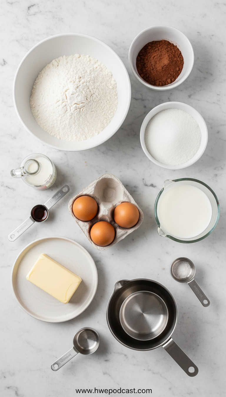 Ingredients for making indulgent chocolate sheet cake