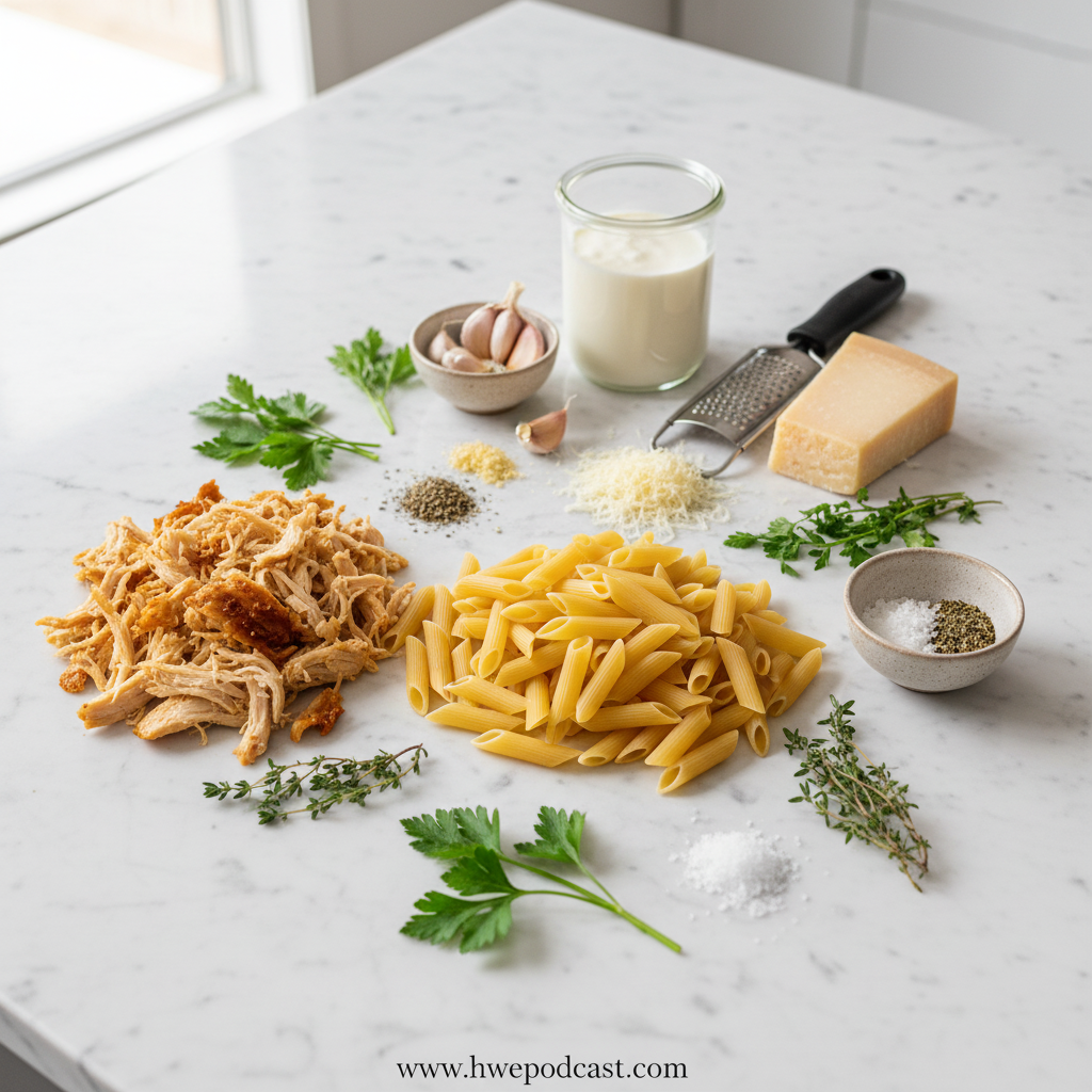 Ingredients for creamy rotisserie chicken pasta