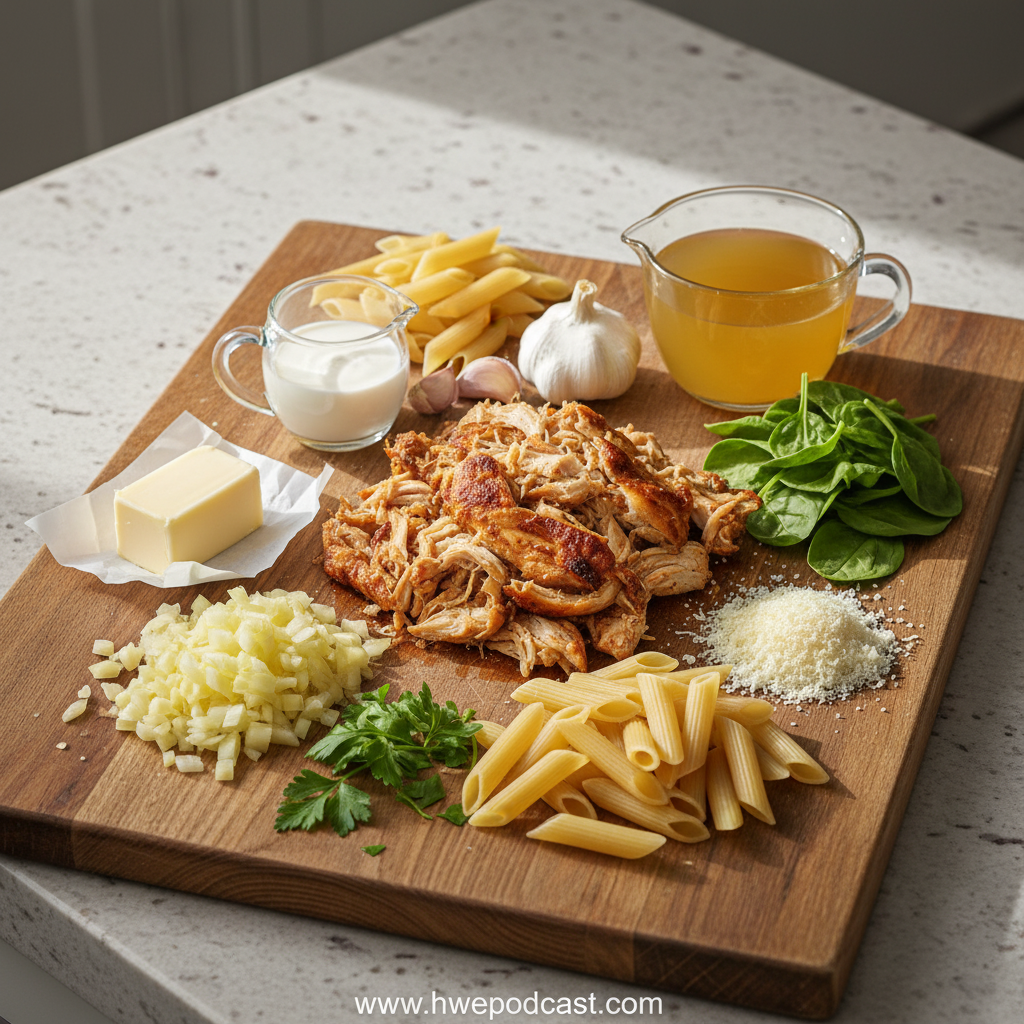 Ingredients for creamy chicken pasta including pasta, chicken, cream, and herbs