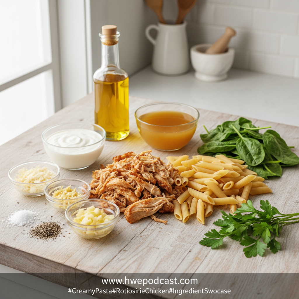 Ingredients for creamy rotisserie chicken pasta