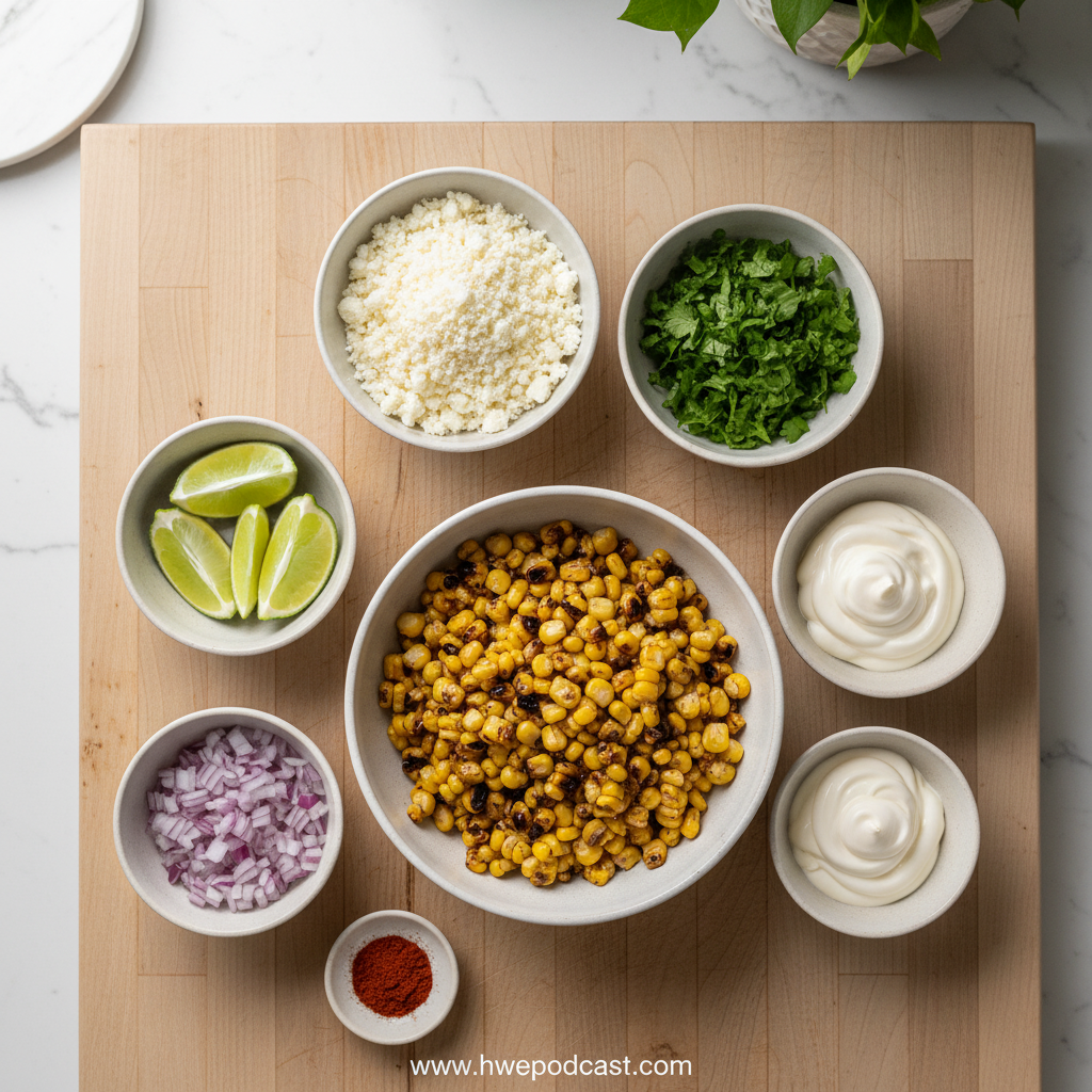 Fresh ingredients for Mexican corn salad including corn, cotija cheese, and lime