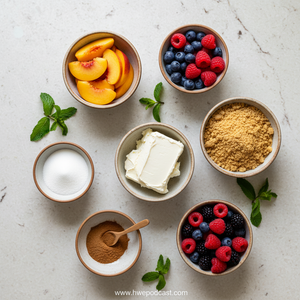 Ingredients for peach cobbler cheesecake fruit salad