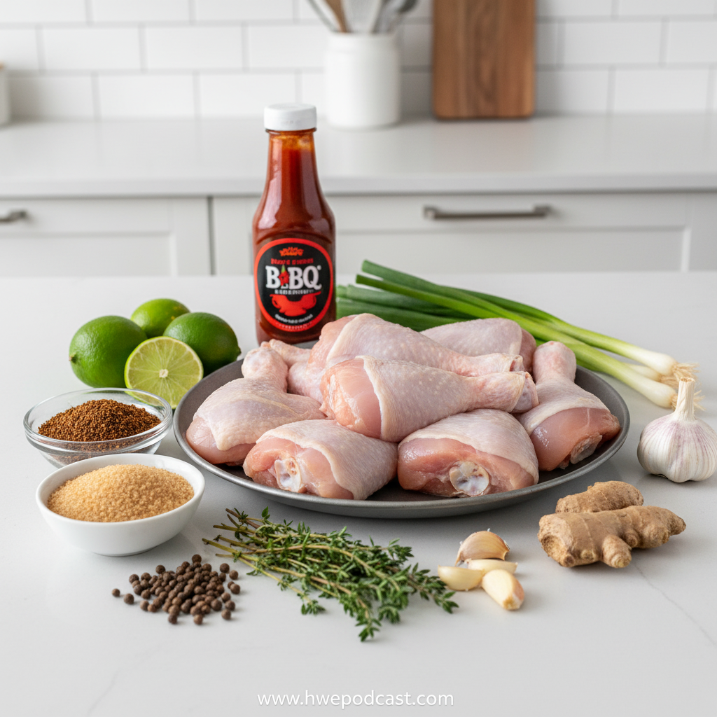 Ingredients for Jamaican jerk seasoning and chicken legs