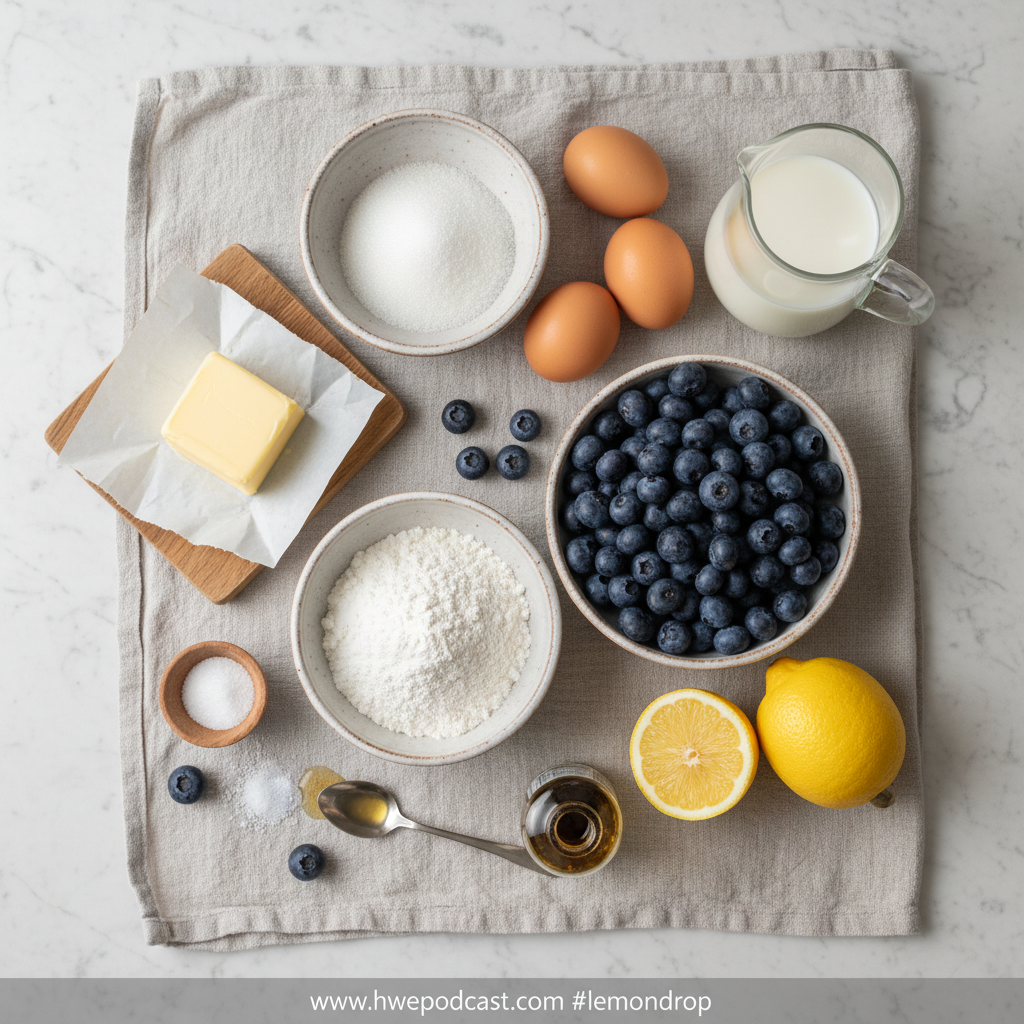 Ingredients for lemon blueberry loaf including flour, blueberries, lemons, eggs and sugar