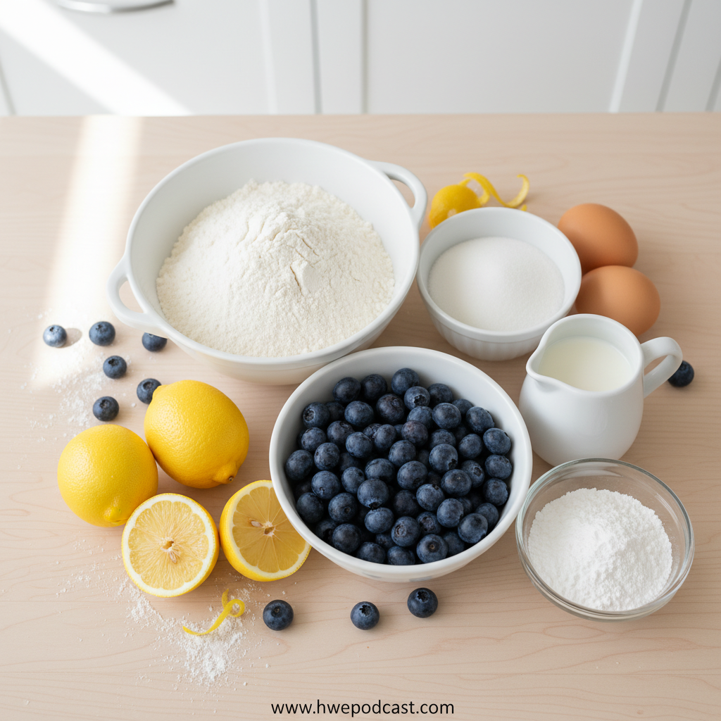 Ingredients for lemon blueberry loaf lined up on counter