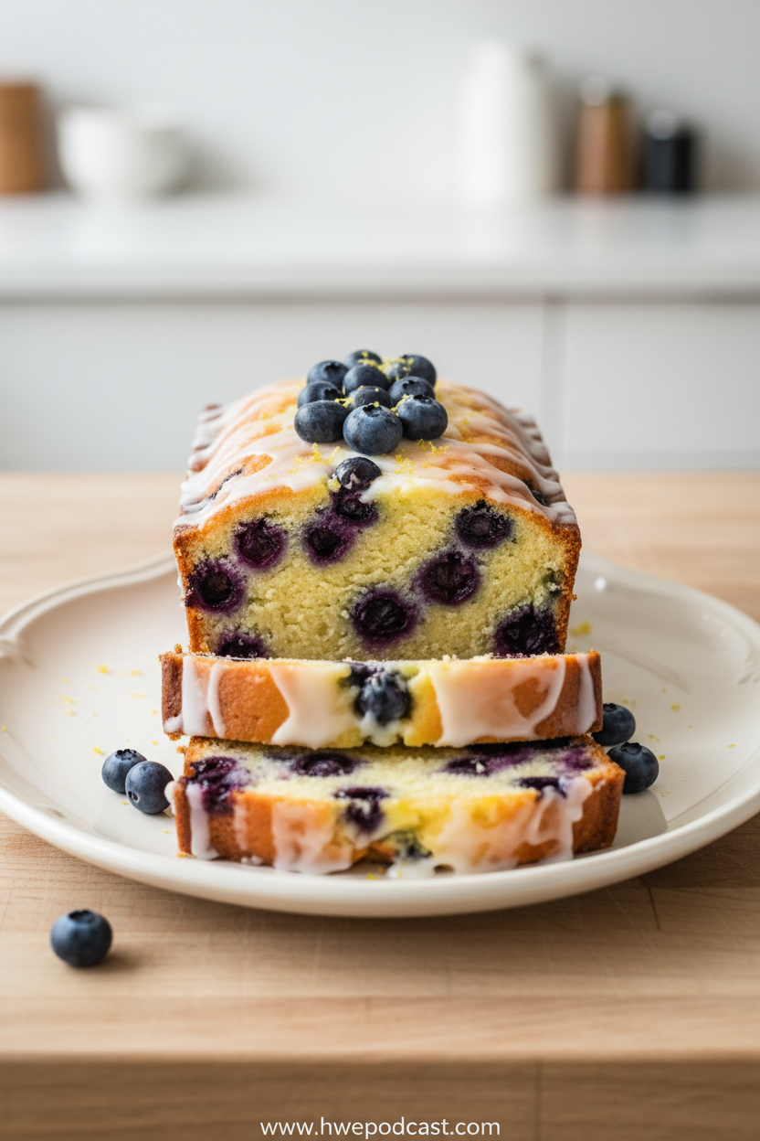 Beautiful slice of lemon blueberry yogurt loaf with perfect crumb and lemon glaze