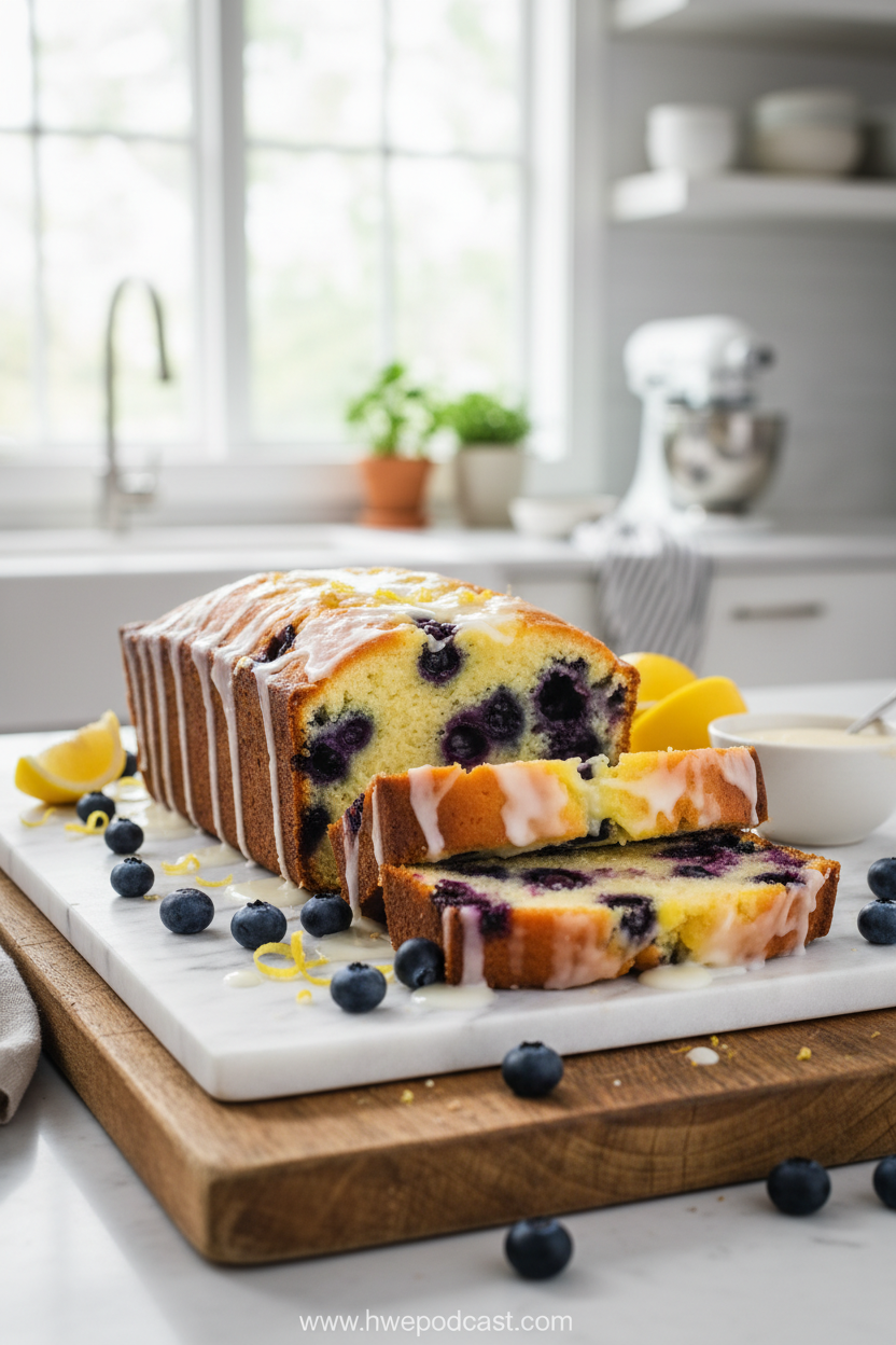 Beautiful lemon blueberry yogurt loaf with lemon glaze and fresh blueberries