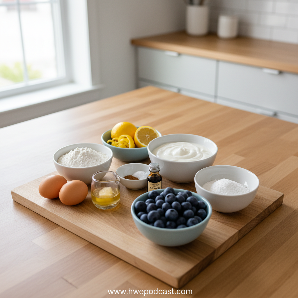 Ingredients for lemon blueberry yogurt loaf including flour, blueberries, lemon, and Greek yogurt