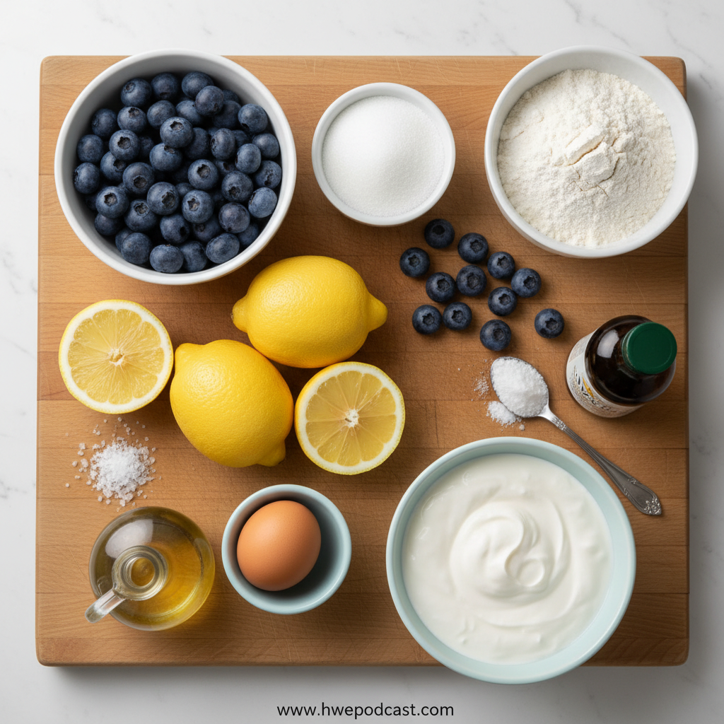 Ingredients for lemon blueberry yogurt loaf arranged on counter