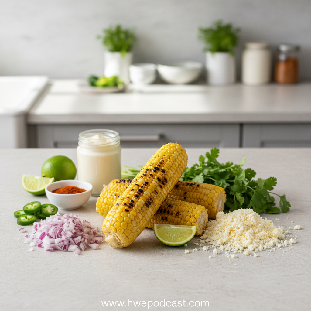 Fresh ingredients for Mexican esquites including corn, limes, cotija cheese, and spices