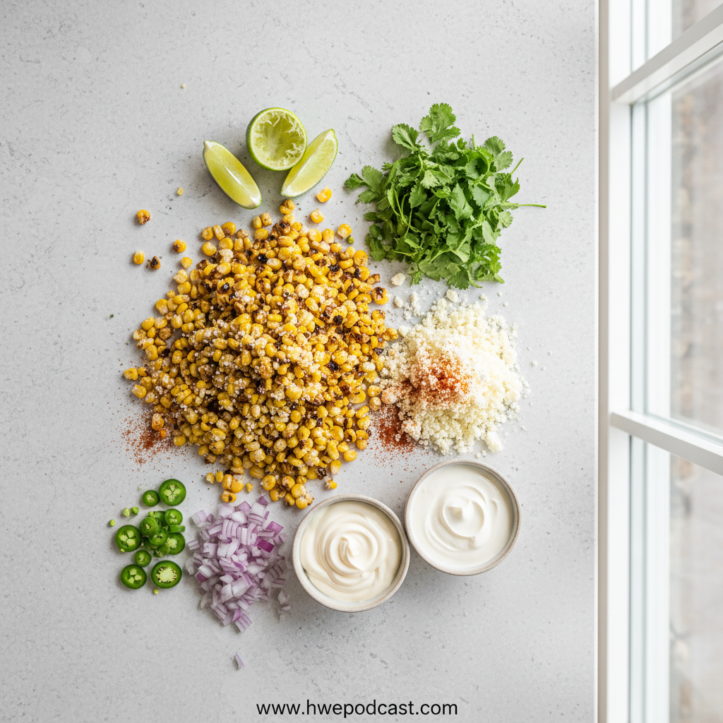 Fresh ingredients for Mexican street corn salad including corn, cotija cheese, cilantro, and limes