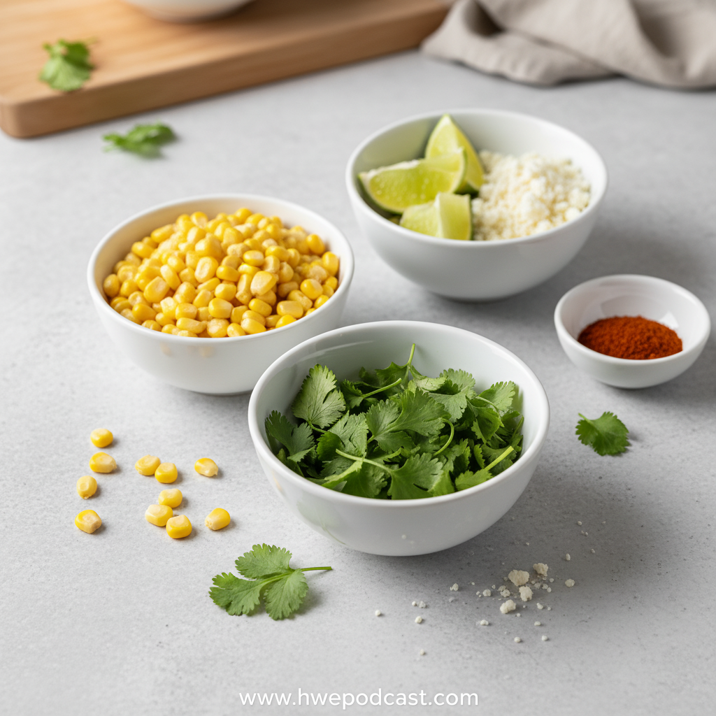 Fresh ingredients for Mexican corn salad including corn, lime, cilantro, and spices