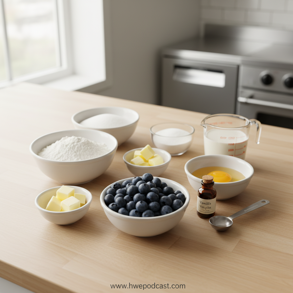 Ingredients for making moist fluffy blueberry muffins including flour, blueberries, eggs, and sour cream