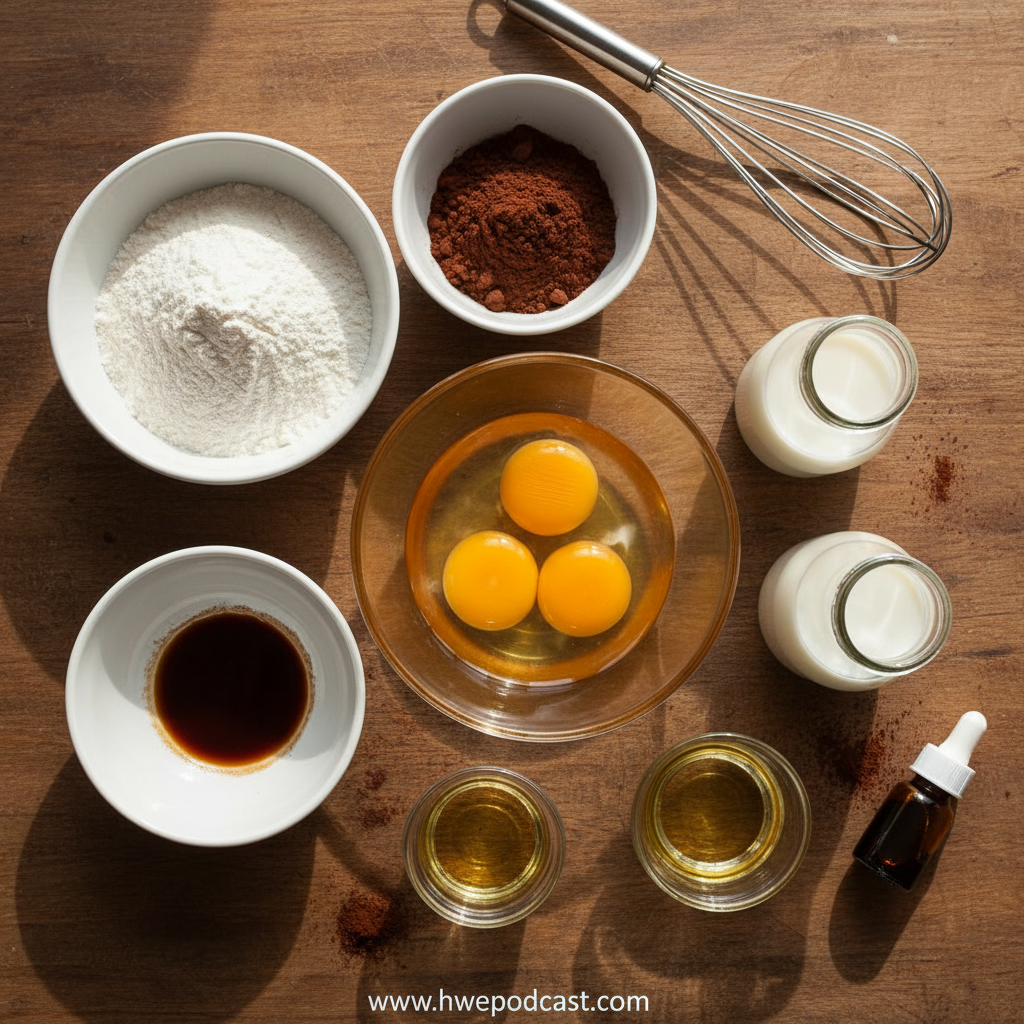 Ingredients for one bowl chocolate cake lined up on counter