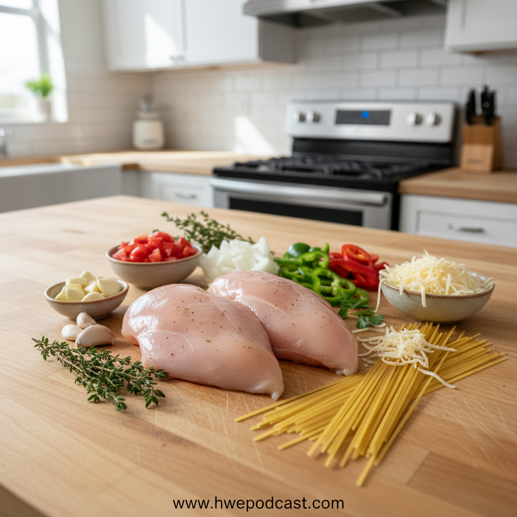 Ingredients for Monterey chicken spaghetti including pasta, chicken, cheeses, and seasonings