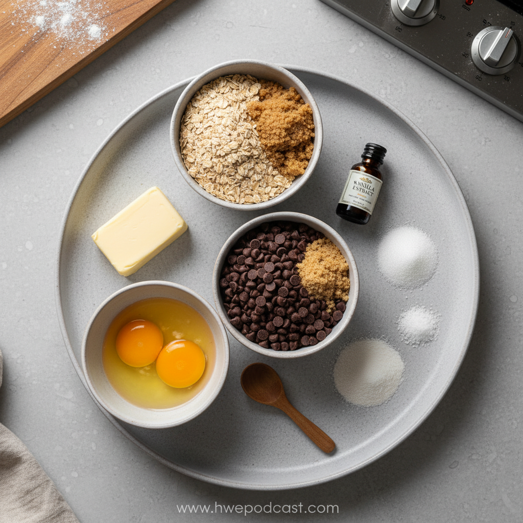 Ingredients for making chocolate chip oatmeal cookies