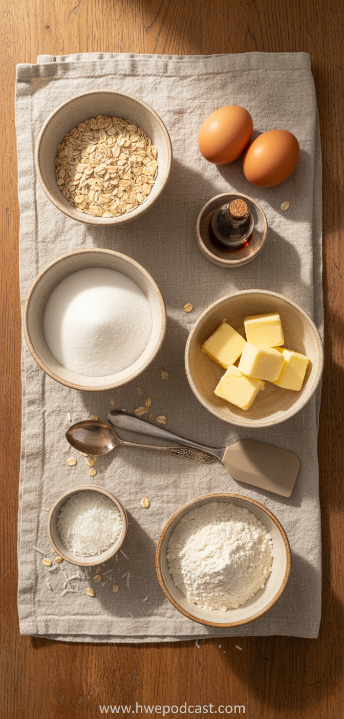 Ingredients for oatmeal coconut cookies including oats, coconut, flour, and baking ingredients