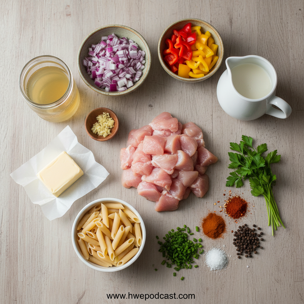 Ingredients for cowboy butter chicken pasta laid out on counter