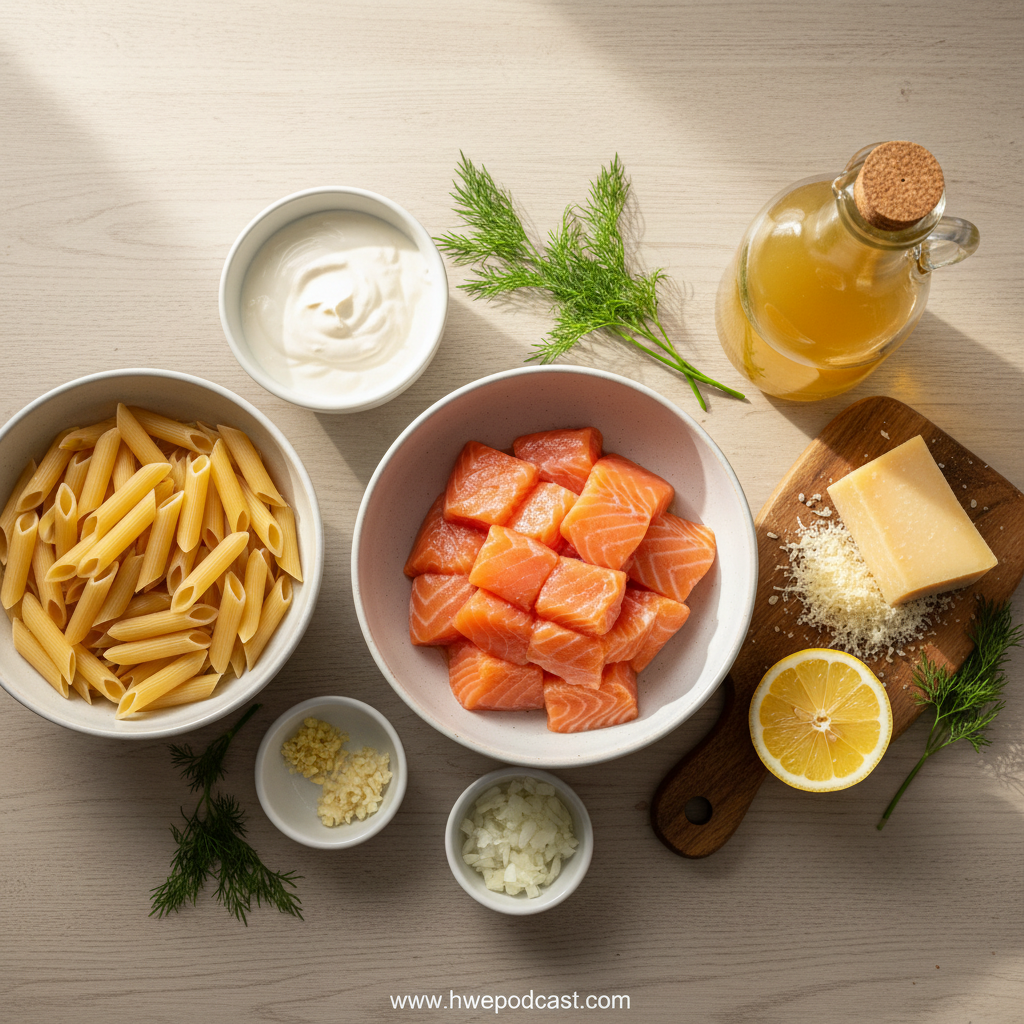ingredients for creamy salmon pasta