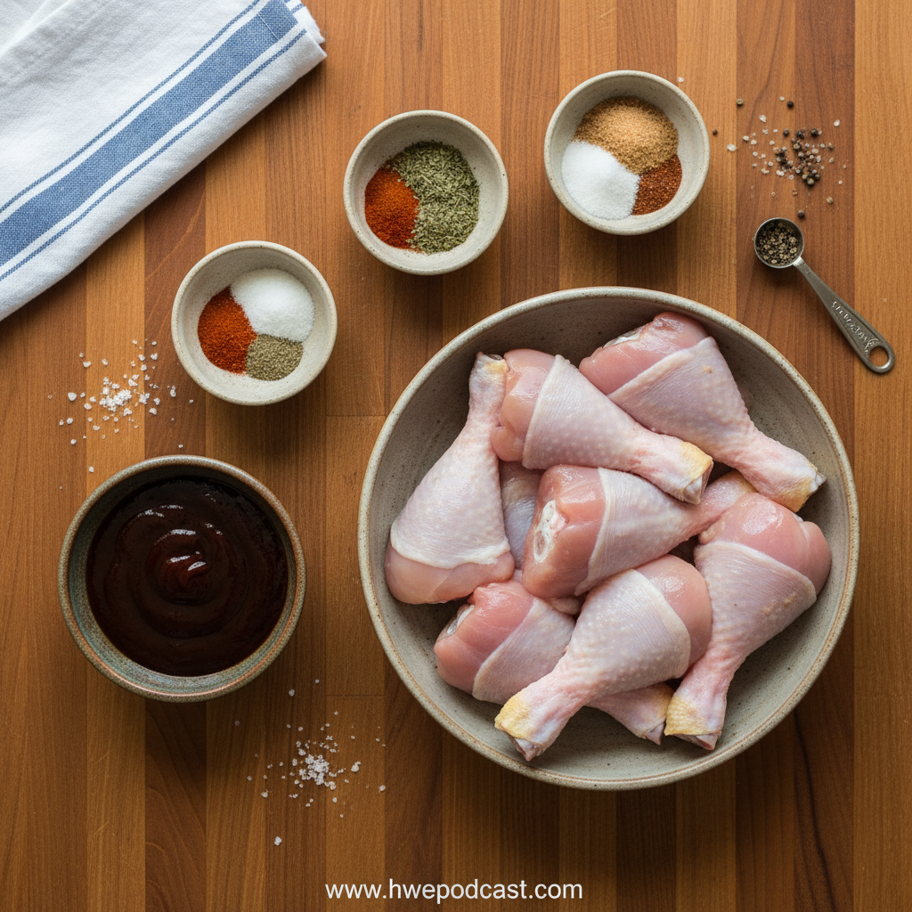 Ingredients for oven baked BBQ chicken legs including spices and barbecue sauce