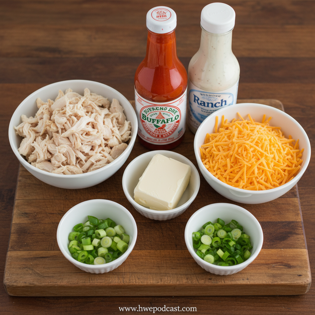 Ingredients for buffalo chicken dip laid out on counter