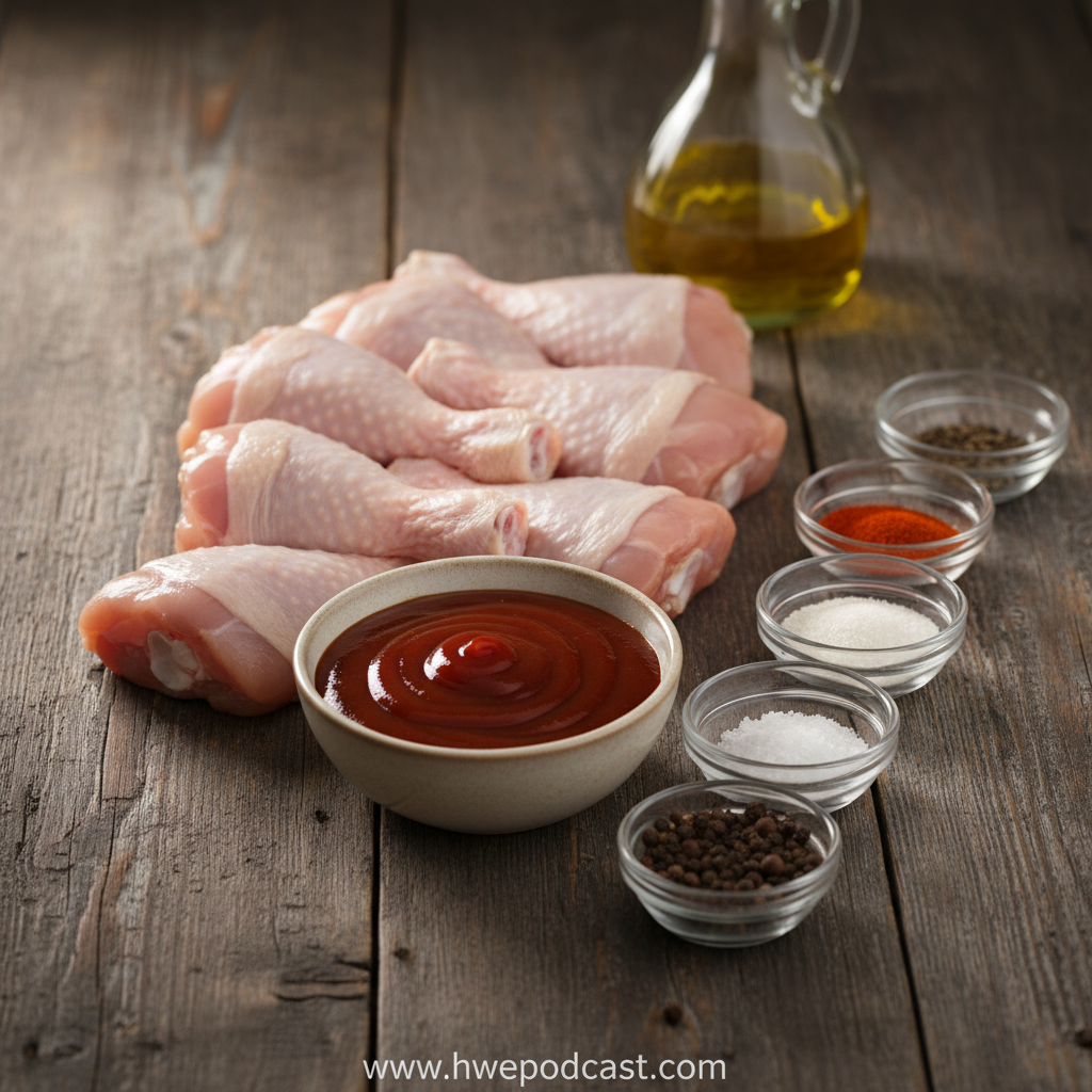 Ingredients for oven BBQ chicken drumsticks including chicken, barbecue sauce, and spices