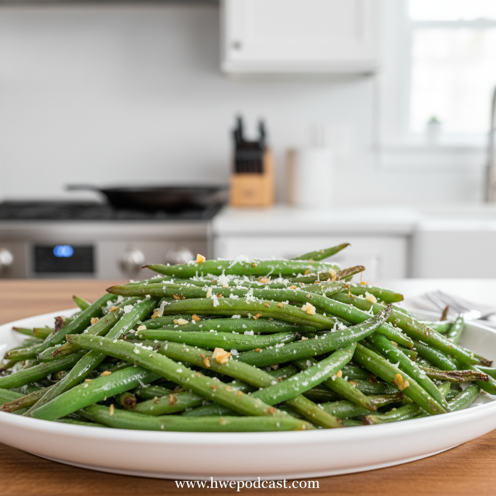 Crispy roasted green beans with garlic and parmesan cheese on a baking sheet