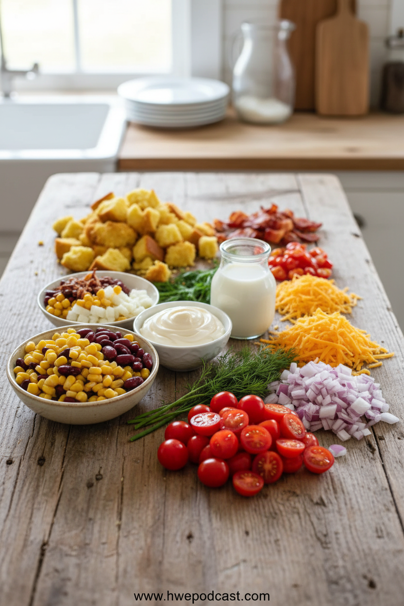 Ingredients for Paula Deen cornbread salad laid out on counter