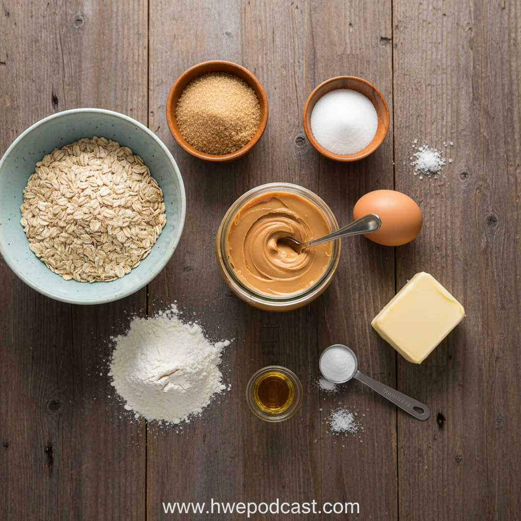 Ingredients for peanut butter oatmeal cookies laid out on counter